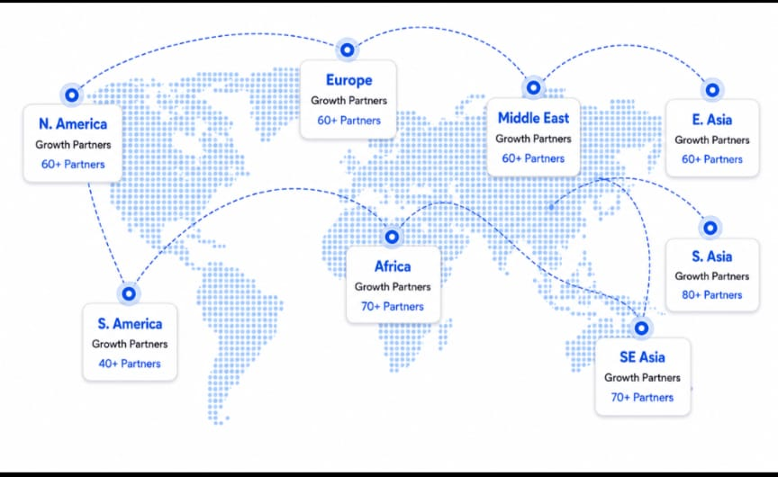 Global growth partners map showing regional hubs across North America, South America, Europe, Africa, Middle East, S. Asia, E. Asia and SE Asia